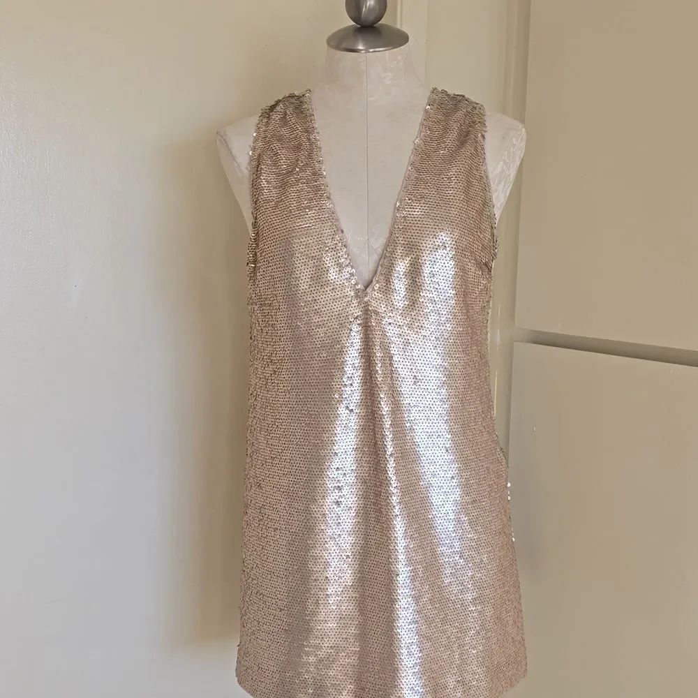 Matte Soft Gold Sleeveless Mini Dress, Deep V Front, NWOT, S